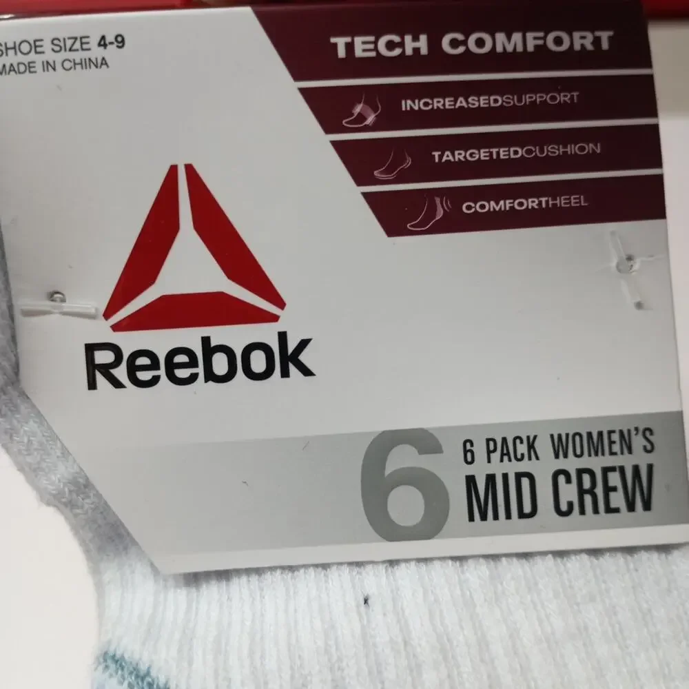 Reebok Tech Comfort Target Cushion Mid‎ Crew Women's Socks Size 4-9 6 Pair